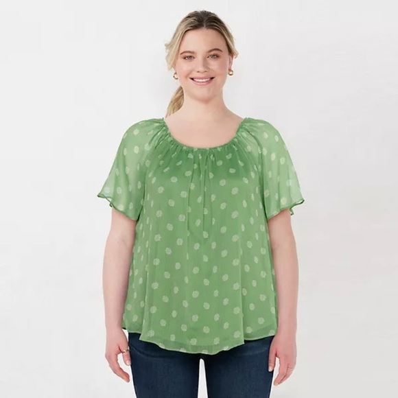 Lauren Conrad LC Green Shirred Top #99336 Circles Lined Polyester Tie Back 3X - Picture 1 of 11
